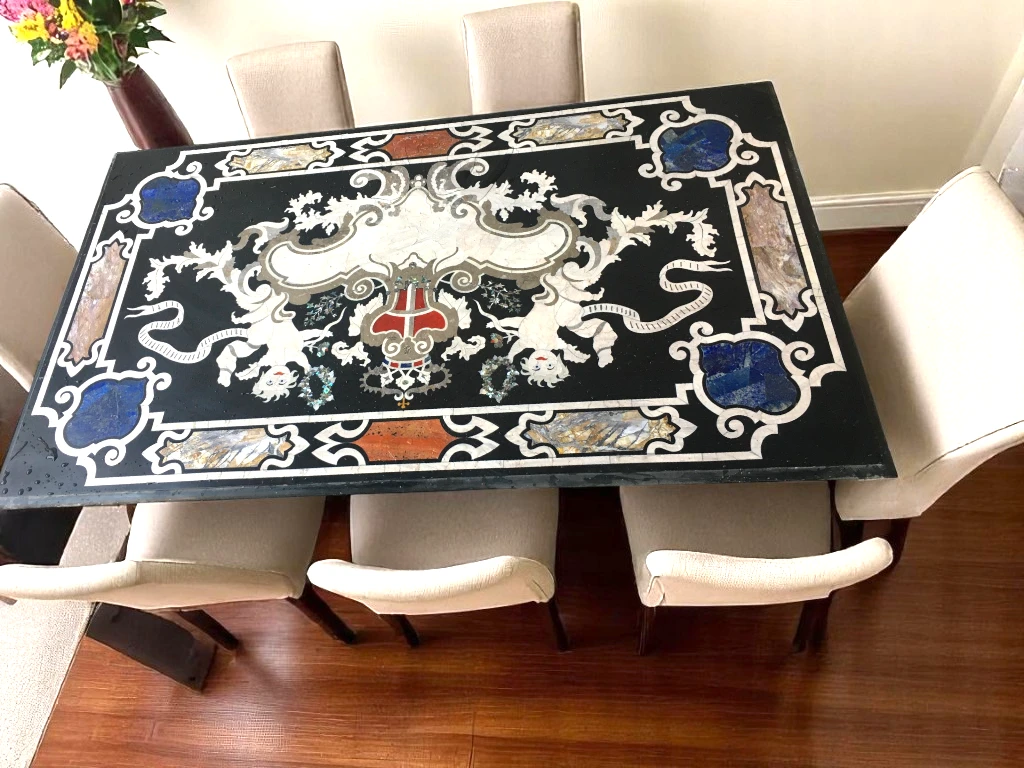 Farmhouse Black Marble Dining Room Table Decor - Handcrafted Stone Inlay